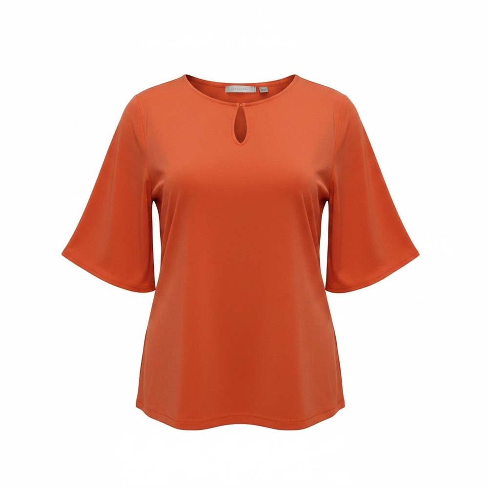Chicos Orange Keyhole Bell Sleeve Blouse Top Size 2 L Large Solid Jersey Knit